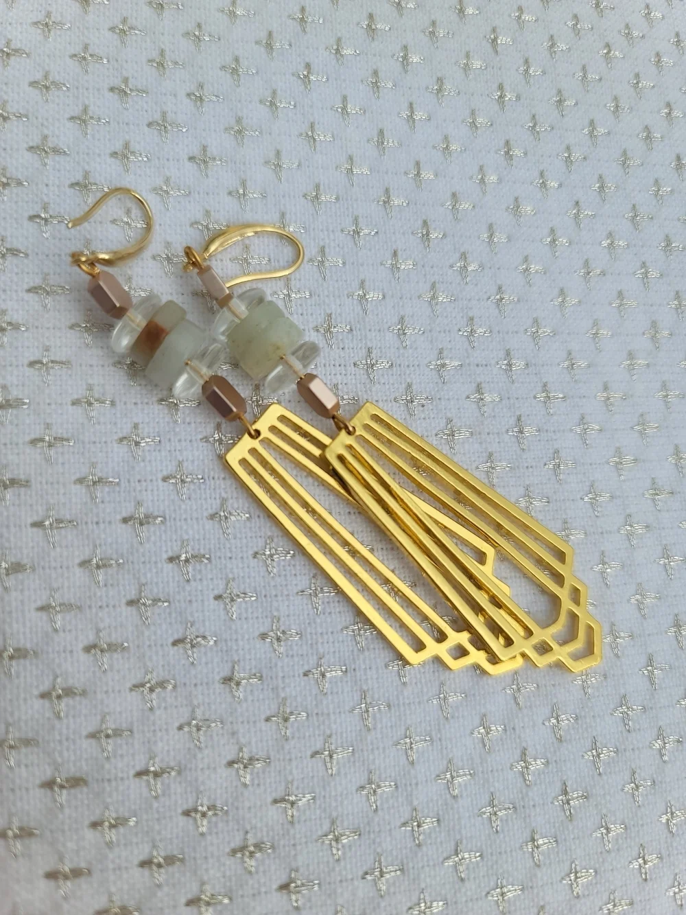 Handmade Gold Geometric Dangle Earrings Art Deco Minimalist Neutral Beaded 3.5